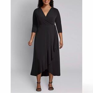 LANE BRYANT Faux Wrap Side Tie Ruffle Draped Hem Formal Midi Dress Black 18 20